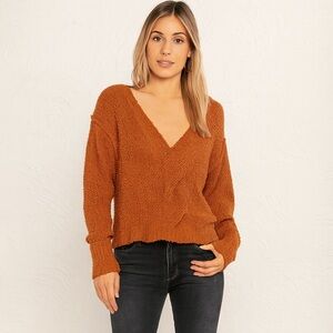Free People Coco V Neck Brown Sweater Size XS Criss Cross Knit Oversized